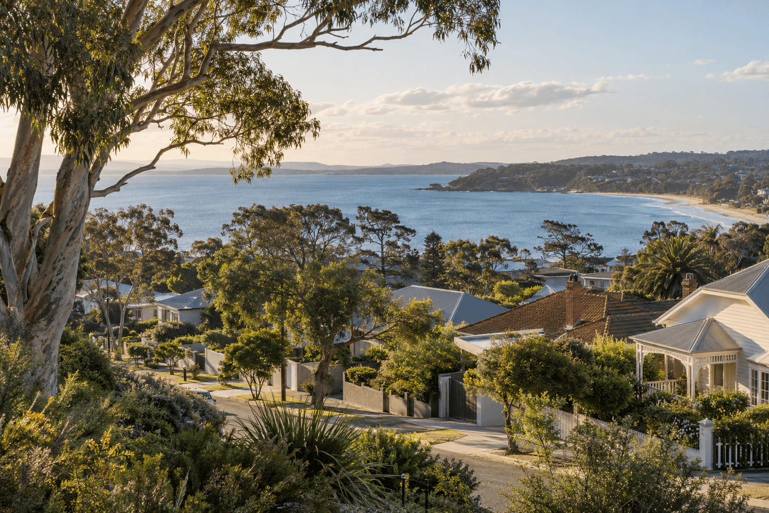 An illustrative Australian coastal neighbourhood with leafy streets and homes overlooking a bay