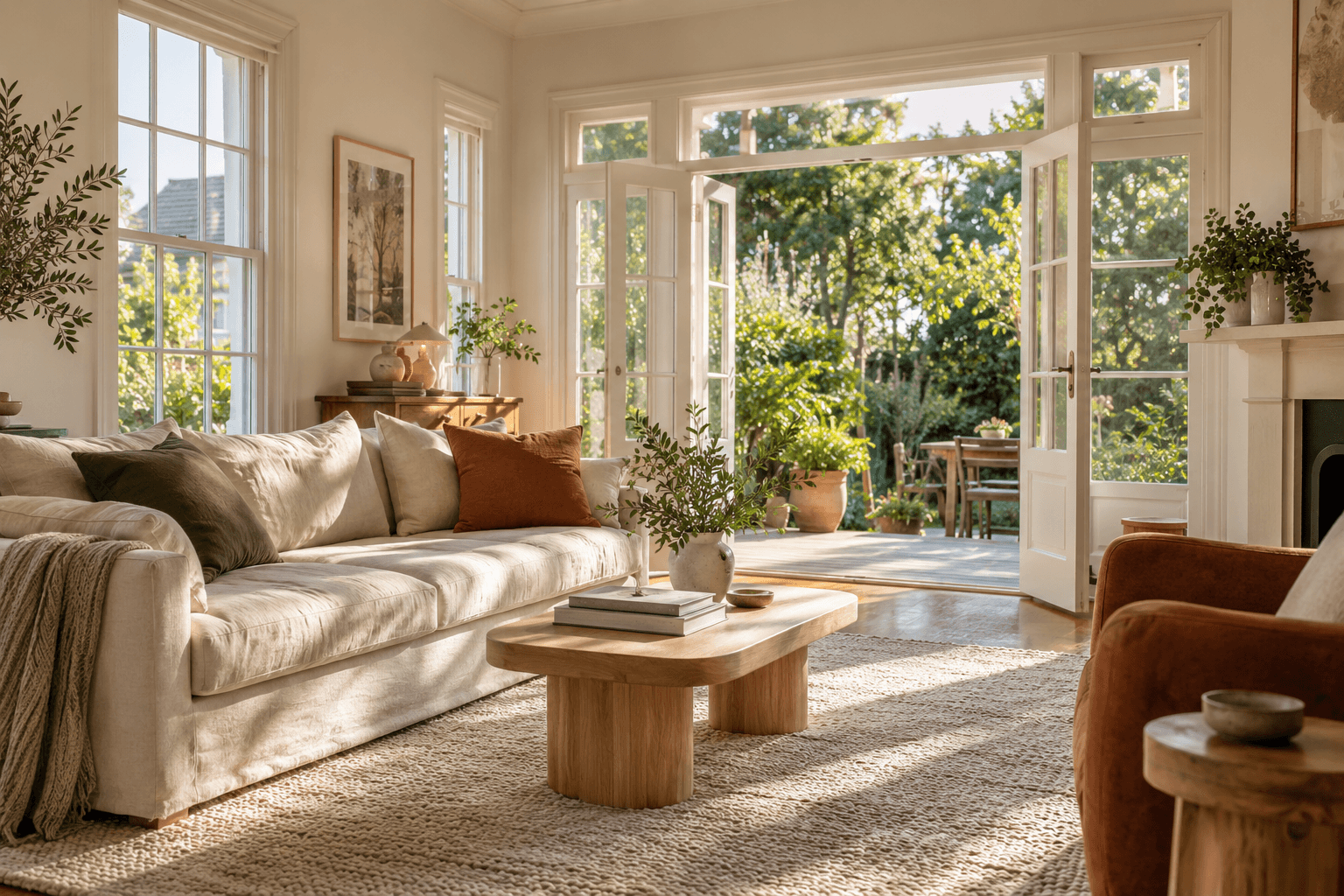 A sunlit living room opening onto a leafy garden